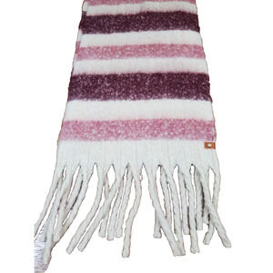 New! Frye Scarf Fringe Long Womens Cream Striped Large‎ Western Soft Fuzzy Knit